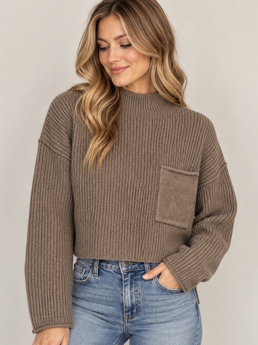 Blu Pepper Taupe Brown Ribbed Cropped Mock Neck Sweater Size L
